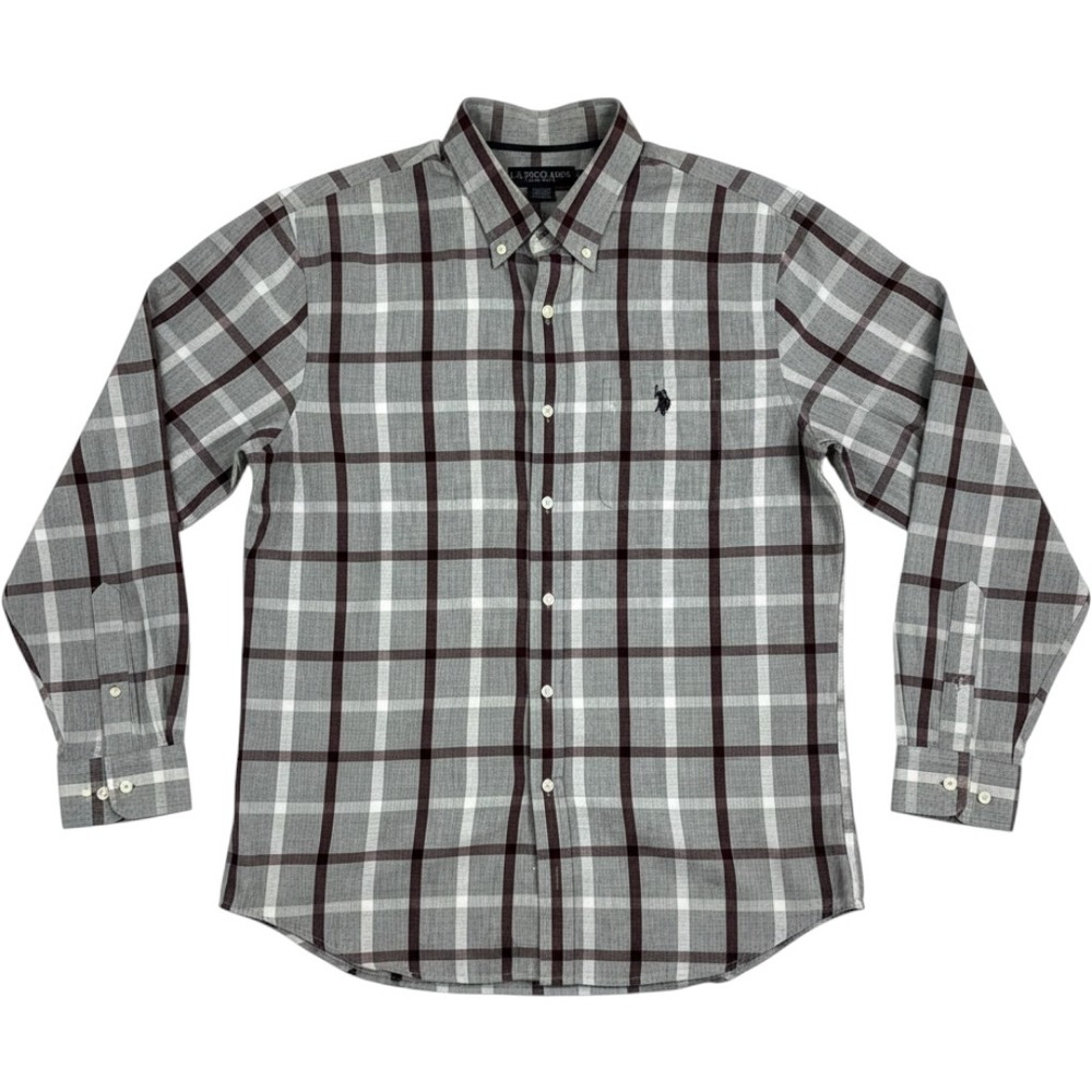 US Polo Assn Mens Large Plaid Button Down Shirt Grey Burgundy 1196848Z